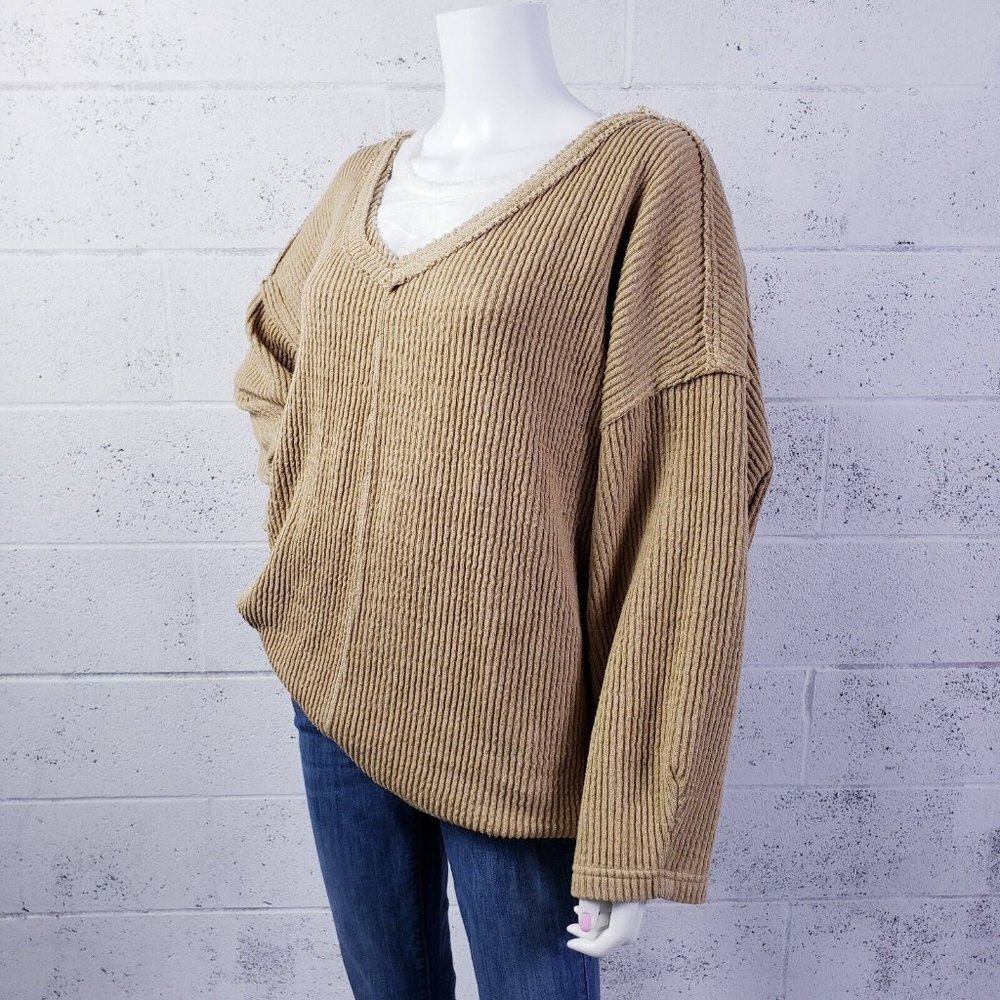 Free People Sweater Oversized‎ Womens Small V Neck Tunic Long Sleeve Beige